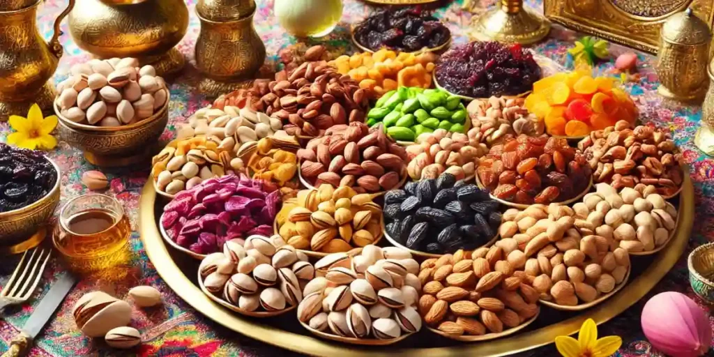 خواص آجیل برای پوست و زیبایی با تصویری از یک زن با پوست شفاف و موی درخشان در کنار کاسهای از گردو و بادام که نشاندهنده تاثیر تغذیه سالم بر جوانسازی است.