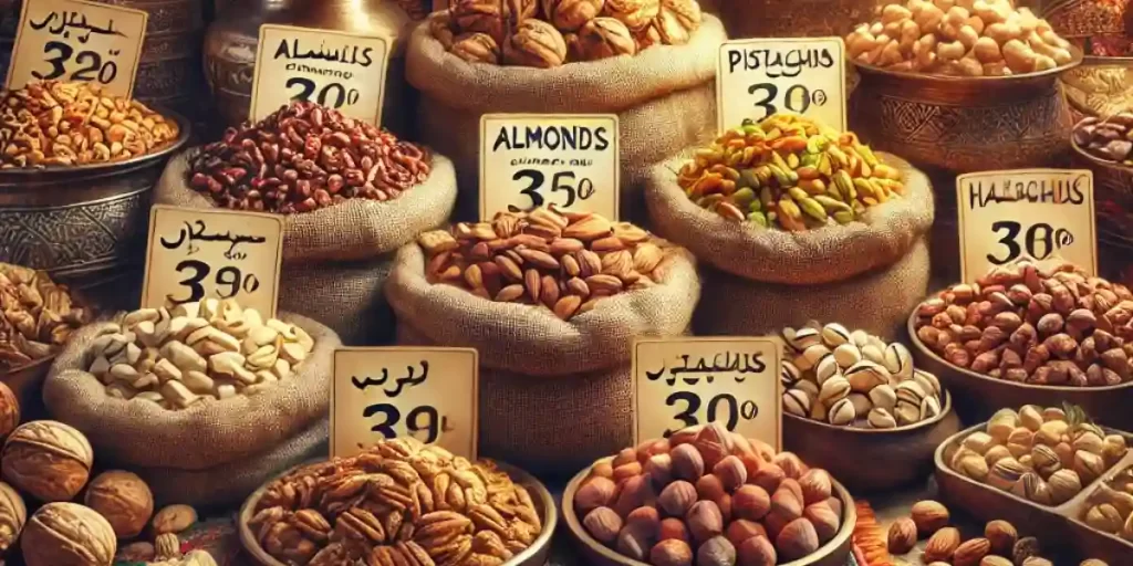 "مجموعه‌ای از آجیل چهار مغز شامل پسته، بادام، گردو و فندق در یک کاسه چوبی، مناسب برای تغذیه سالم و میان‌وعده‌های مقوی."