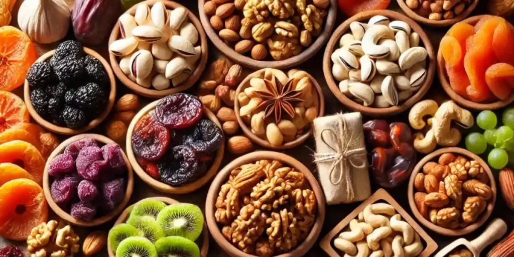 ترکیبی از آجیل و خشکبار شامل پسته، بادام، گردو، فندق، کشمش و برگه زردآلو در یک ظرف چوبی سنتی – مناسب برای مصرف روزانه و پذیرایی.