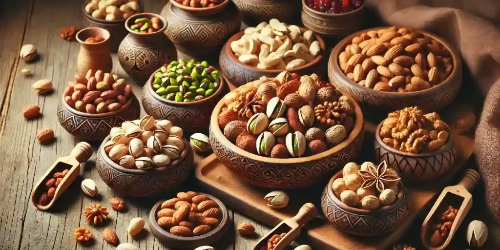 آجیل سلامت بدون نمک شامل بادام و گردو در یک کاسه سفید که نماد سلامتی و رژیم غذایی سالم است