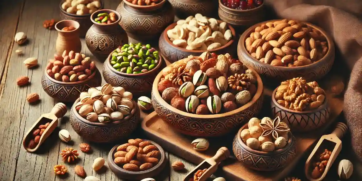 آجیل سلامت بدون نمک شامل بادام و گردو در یک کاسه سفید که نماد سلامتی و رژیم غذایی سالم است