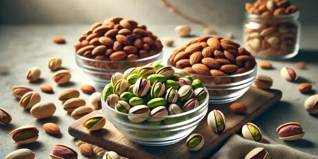 مقایسه تصویری آجیل خام و بوداده در دو کاسه مجزا روی میز چوبی