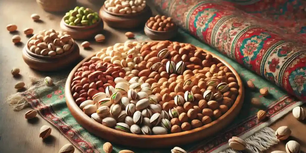 مجموعه‌ای از آجیل‌های سوغات درجه یک ایران شامل پسته، گردو و بادام برای خرید از فروشگاه آنلاین آجیل ماجیل